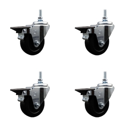 Service Caster 35 Inch Hard Rubber 38 Inch Threaded Stem Caster Set with Brake SCC-TS20S3514-HRS-PLB-381615-4